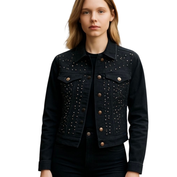 Y2k Rhinestone Studded Black Jean Denim Cropped Jean Jacket Sz S - Picture 1 of 10